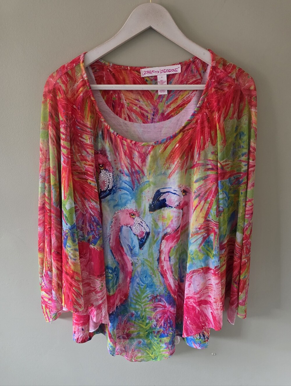 NWOT Leoma Lovegrove M Eclectic Artsy Tropical Resortwear Flamingo Mesh Top